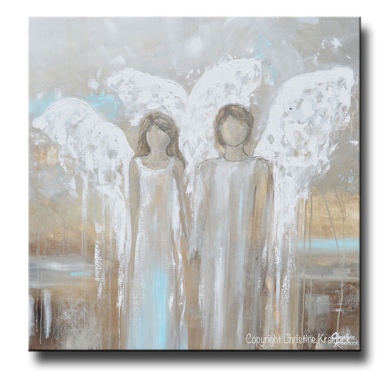 ORIGINAL Abstract Angel Painting Pair of 2 Angels Holding Hands Grey White Blue Neutral Home Wall Art X-Large 36x36"