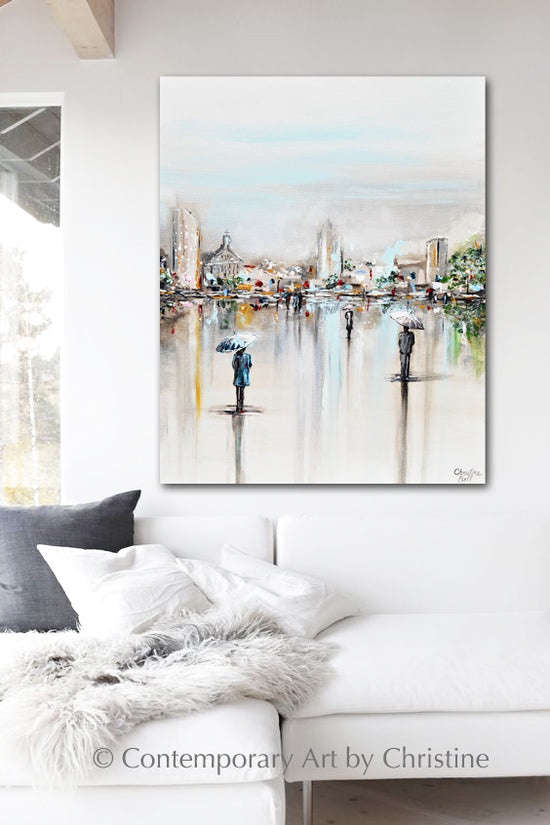 "A Moment in Time" ORIGINAL Art Abstract Painting Cityscape Horizon Modern Figurative Umbrellas 24x30"