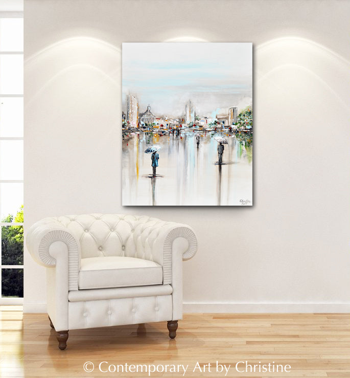Load image into Gallery viewer, &amp;quot;A Moment in Time&amp;quot; GICLEE PRINT Art Abstract Painting Cityscape Horizon Modern Figurative Umbrellas
