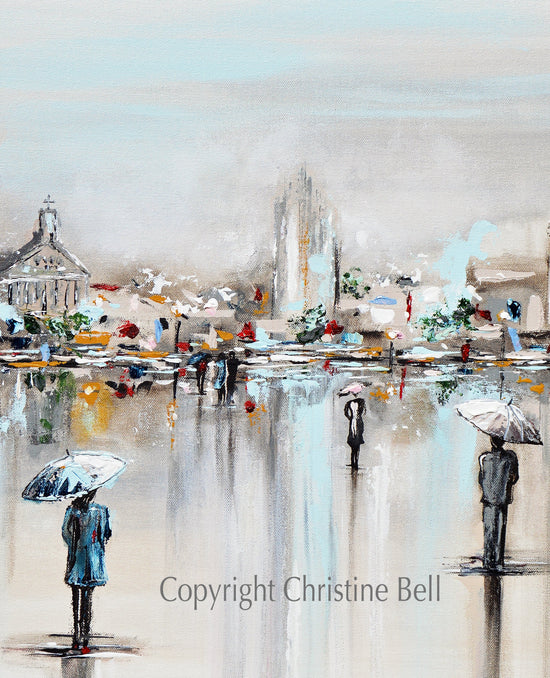 "A Moment in Time" FRAMED GICLEE PRINT Art Abstract Painting Cityscape Horizon Modern Figurative Umbrellas
