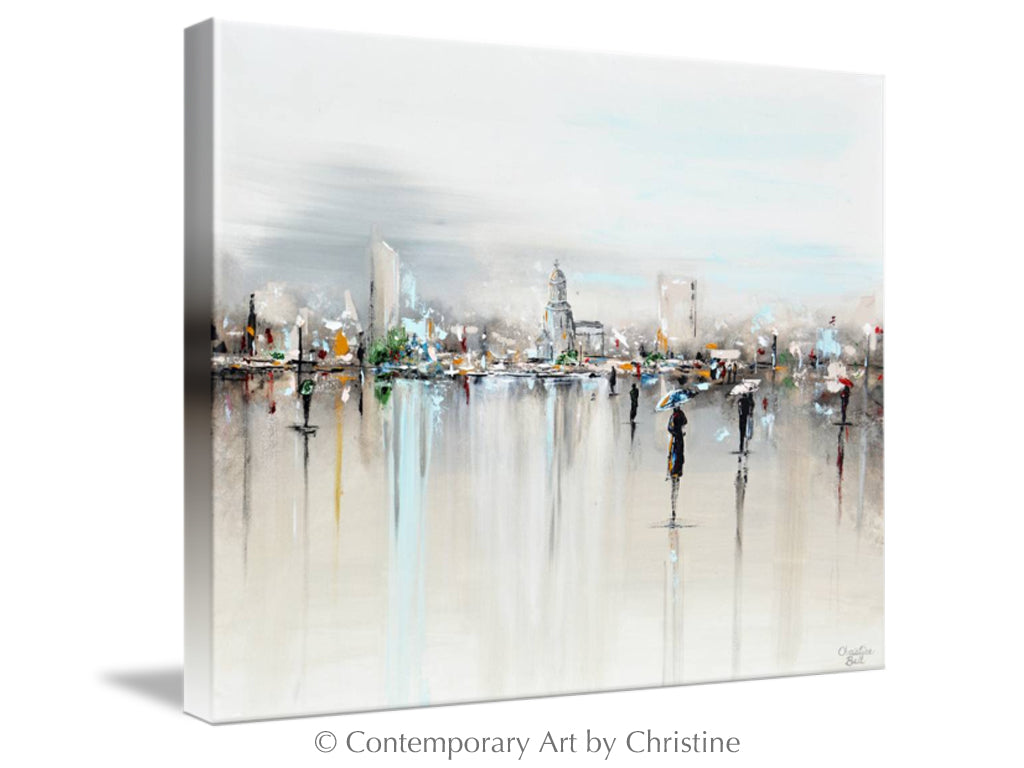 Load image into Gallery viewer, &amp;quot;The Piazza&amp;quot; GICLEE PRINT Art Abstract Painting Cityscape Horizon Modern Figurative Umbrellas
