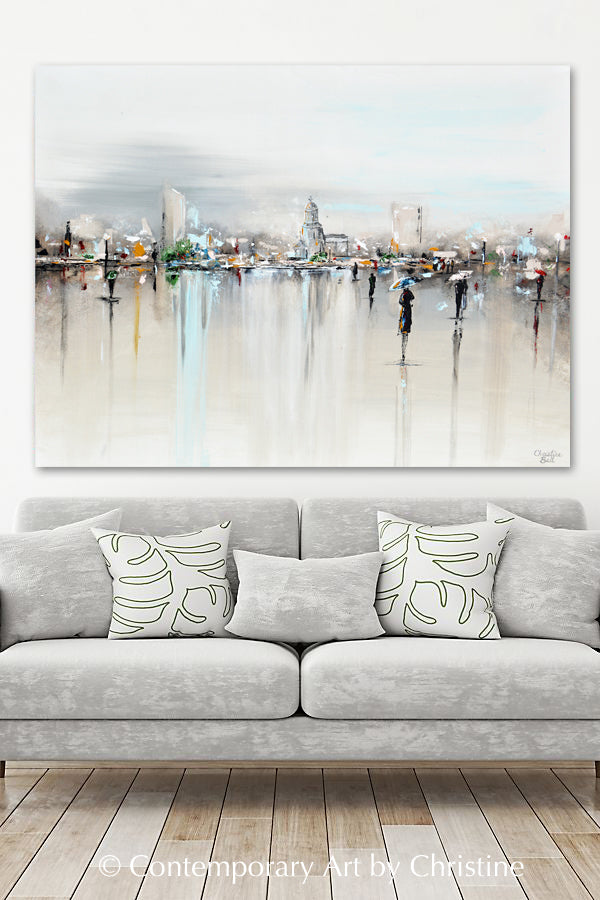 Load image into Gallery viewer, &amp;quot;The Piazza&amp;quot; ORIGINAL Art Abstract Painting Cityscape Horizon Modern Figurative Umbrellas 40x30&amp;quot;
