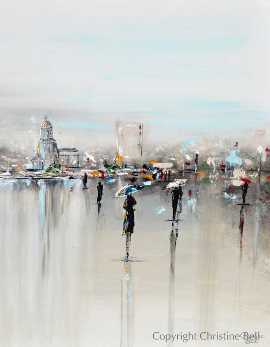 Load image into Gallery viewer, &amp;quot;The Piazza&amp;quot; GICLEE PRINT Art Abstract Painting Cityscape Horizon Modern Figurative Umbrellas
