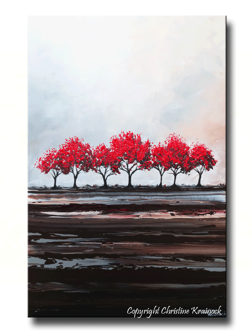 CUSTOM Original Art Abstract Painting Red Trees Large Textured Modern Tree Landscape Horizon - Christine Krainock Art - Contemporary Art by Christine - 1