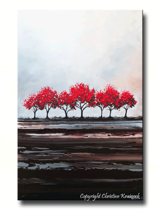 CUSTOM Original Art Abstract Painting Red Trees Large Textured Modern Tree Landscape Horizon - Christine Krainock Art - Contemporary Art by Christine - 1