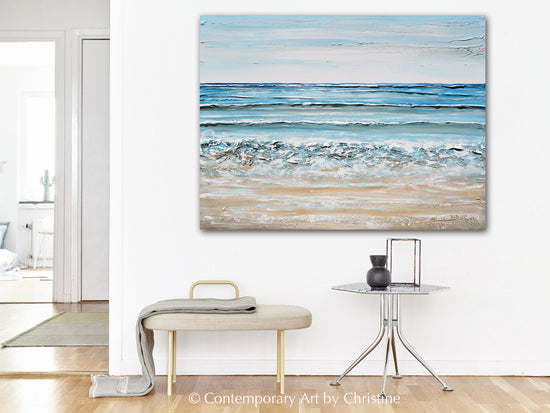 "At the Shore" ORIGINAL Art Coastal Abstract Painting Textured Ocean Waves Blue Beach 48x36"
