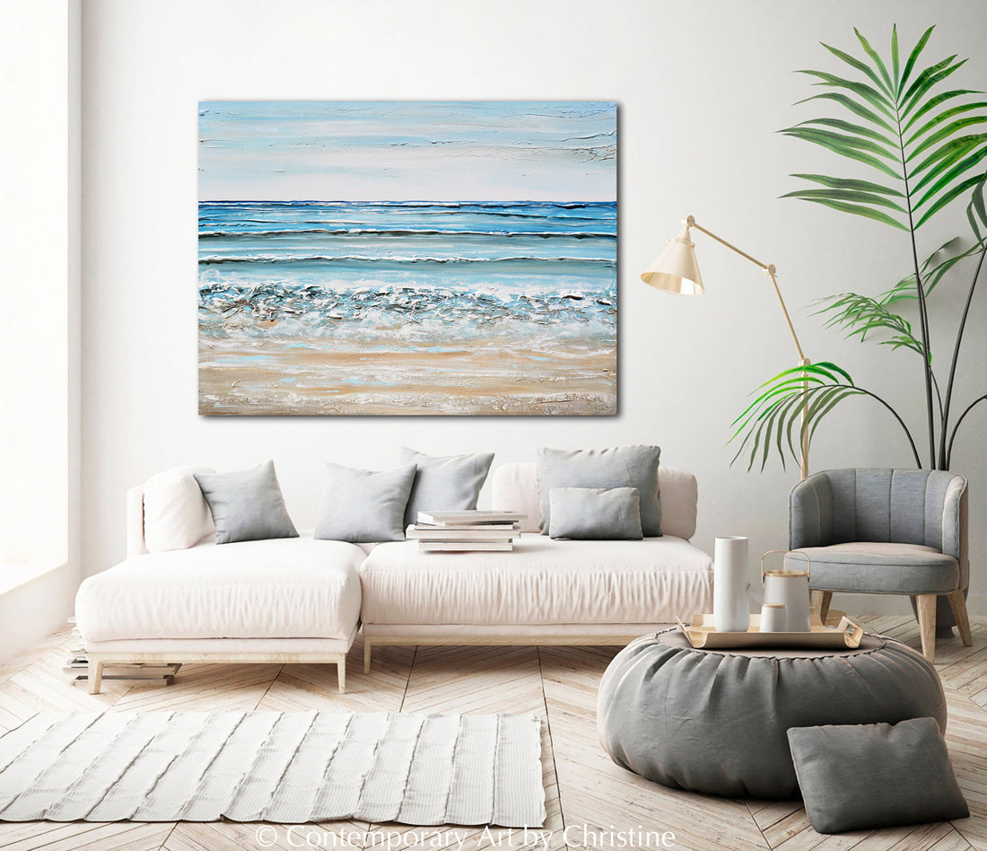 ORIGINAL Abstract Beach Painting Textured Coastal Blue Ocean Art 48x36 ...