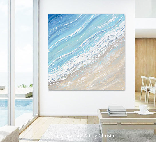 "Ocean Tide" ORIGINAL Art Coastal Abstract Painting Aerial Ocean Coastline Beach Home Decor XL 40x40""