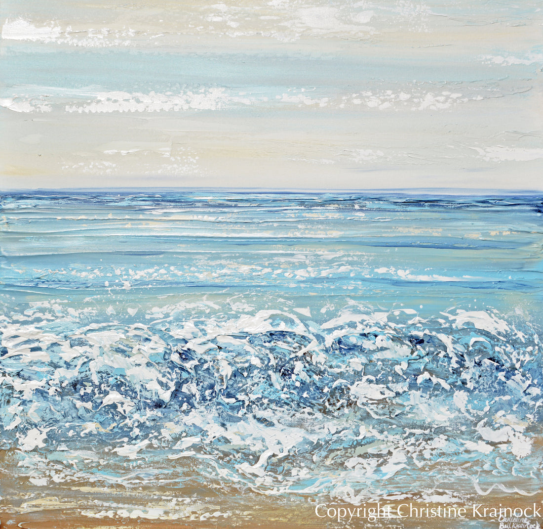 ORIGINAL Art Abstract Painting Beach Blue Ocean Textured Coastal Decor ...