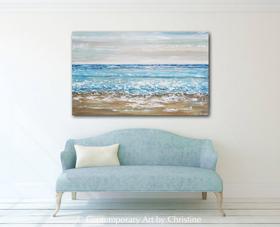 ORIGINAL Art Abstract Painting Textured Beach Ocean Blue White Beige Coastal Home Decor Wall Art 30x48"