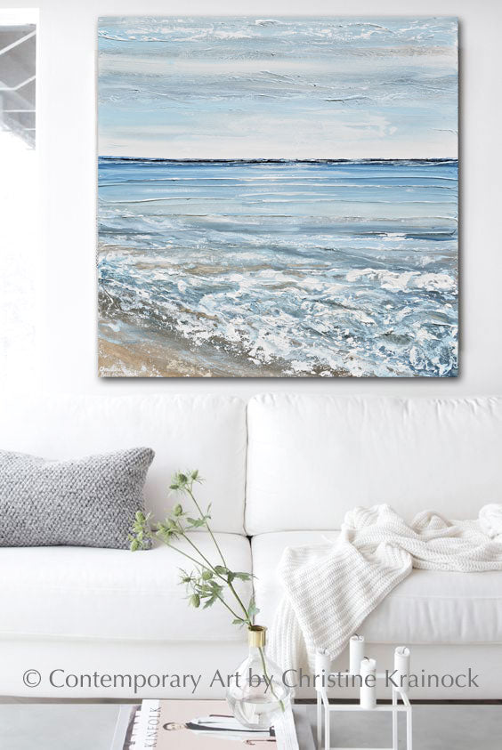 ORIGINAL Art Abstract Painting Blue Ocean Beach Textured Coastal Decor ...