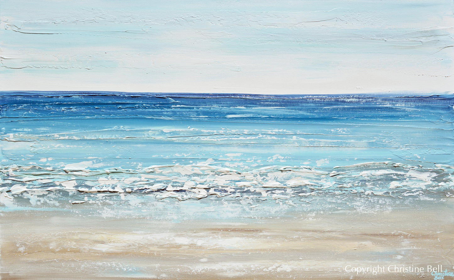 "Sapphire Sea" ORIGINAL Art Coastal Abstract Painting Textured Ocean Blue White Beach Decor 48x30"