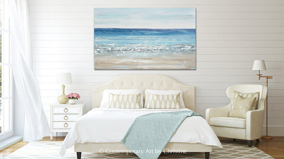 ORIGINAL Abstract Beach Painting Textured Coastal Blue Ocean Art Decor ...