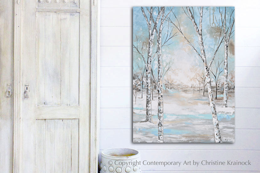 ORIGINAL Art Abstract Painting Birch Trees Snow Landscape Textured Blue Green White Wall Art Home Decor 30x40"