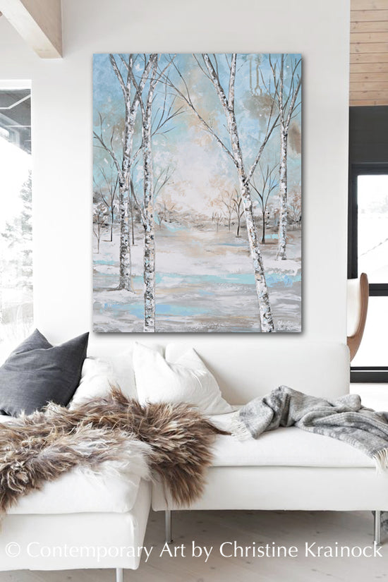 Load image into Gallery viewer, ORIGINAL Art Abstract Painting Birch Trees Snow Landscape Textured Blue Green White Wall Art Home Decor 30x40&amp;quot;
