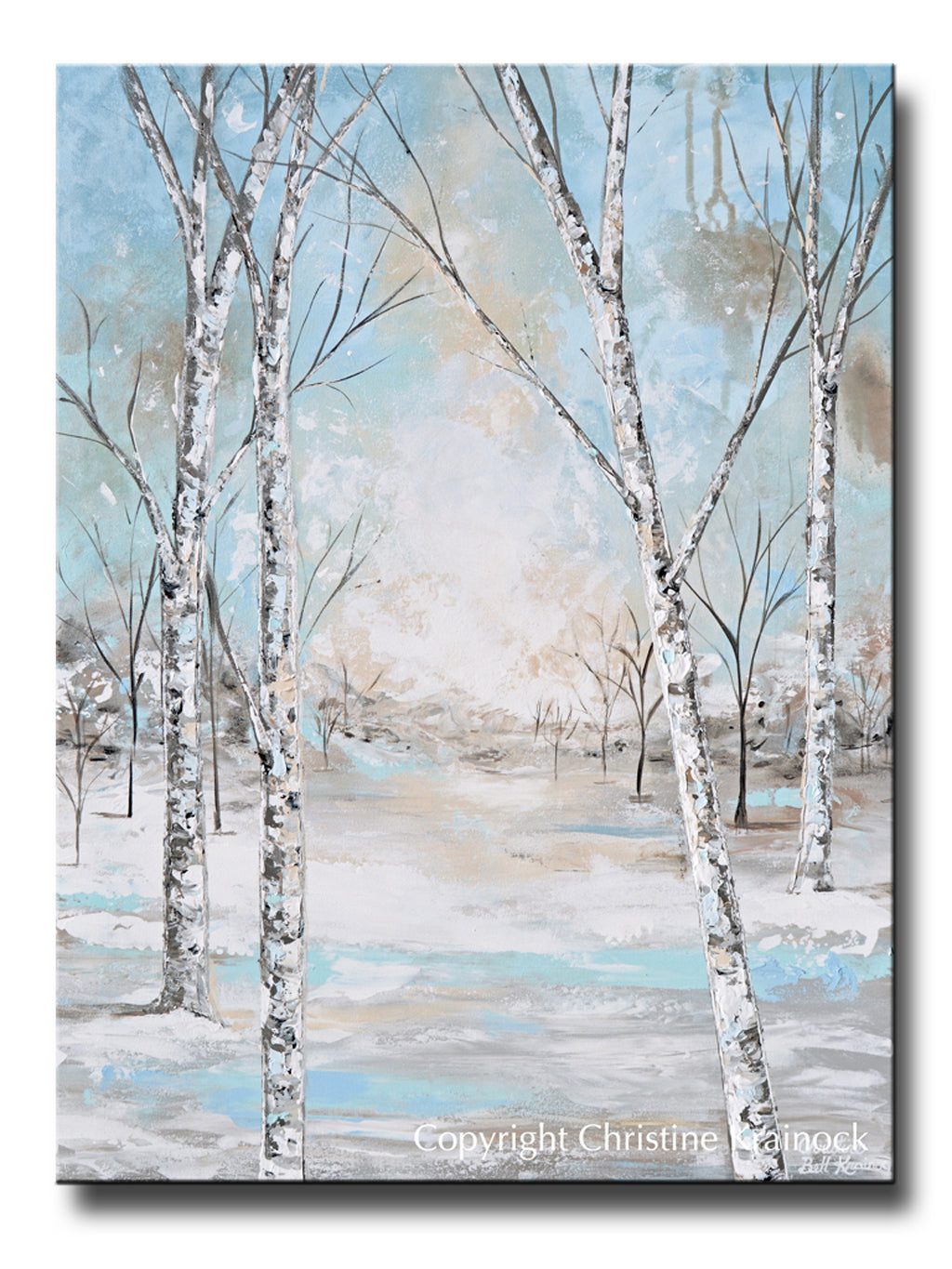 ORIGINAL Art Abstract Painting Birch Trees Snow Landscape Textured Blue Green White Wall Art Home Decor 30x40"