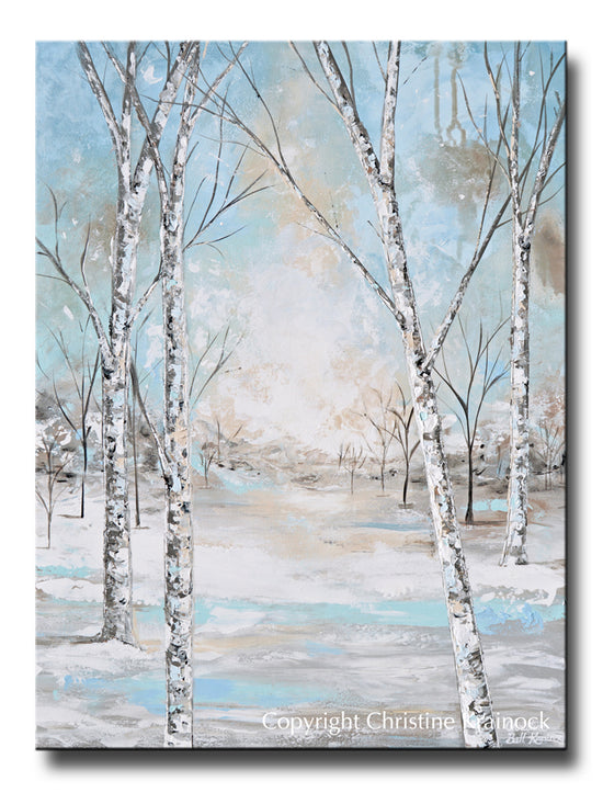 GICLEE PRINT Art Abstract Painting Birch Trees Snow Landscape Blue Green White Wall Art Home Decor