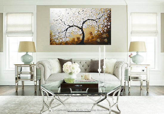 ORIGINAL Art Abstract Painting Blossoming Cherry Tree Textured White Flowers Wall Art XL 36x60"
