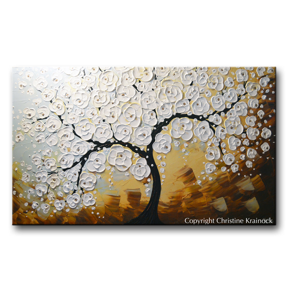 Load image into Gallery viewer, ORIGINAL Art Abstract Painting Blossoming Cherry Tree Textured White Flowers Wall Art XL 36x60&amp;quot;
