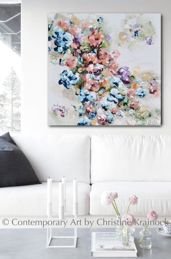 ORIGINAL Art Abstract Floral Painting Colorful Navy Blue White Pink Flowers Sweetpea Wall Decor 24x24"