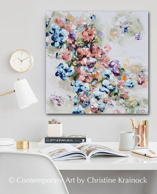 ORIGINAL Art Abstract Floral Painting Colorful Navy Blue White Pink Flowers Sweetpea Wall Decor 24x24"