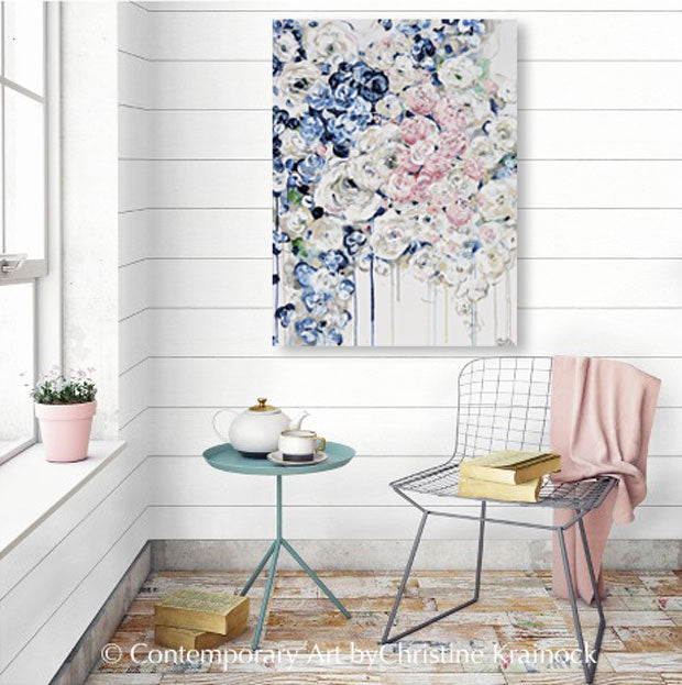 ORIGINAL Art Abstract Painting Modern Floral Navy Blue White Pink Flowers Fine Art Wall Decor 30x40"