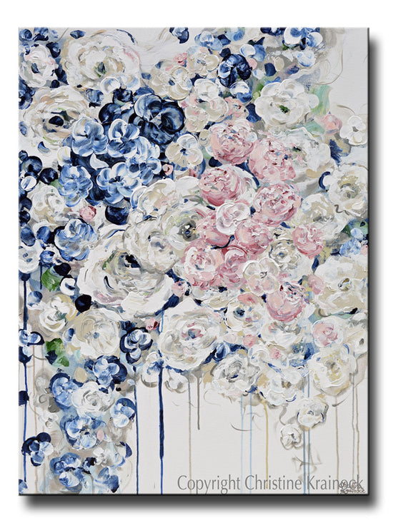 GICLEE PRINT Art Abstract Painting Modern Floral Navy Blue White Pink Flowers Canvas Wall Decor