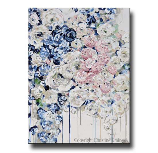 Load image into Gallery viewer, GICLEE PRINT Art Abstract Painting Modern Floral Navy Blue White Pink Flowers Canvas Wall Decor

