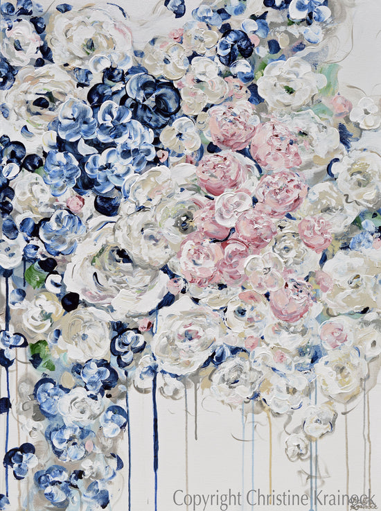 Load image into Gallery viewer, ORIGINAL Art Abstract Painting Modern Floral Navy Blue White Pink Flowers Fine Art Wall Decor 30x40&amp;quot;
