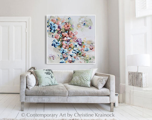 GICLEE PRINT Art Abstract Floral Painting Colorful Navy Blue White Pink Flowers Sweetpea Wall Decor