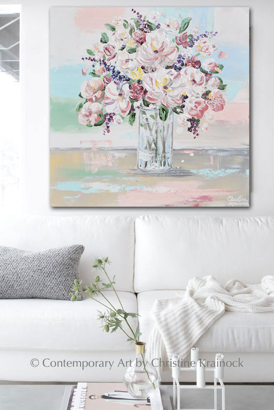 GICLEE PRINT Art Abstract Floral Painting Blue White Pink Flowers Bouquet Canvas Wall Decor