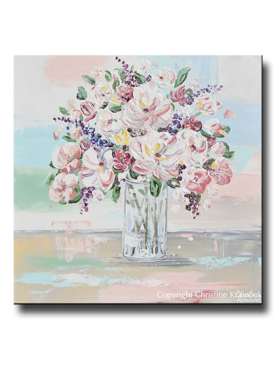 ORIGINAL Art Abstract Floral Painting Textured White Pink Flowers Bouquet Wall Decor 24x24"
