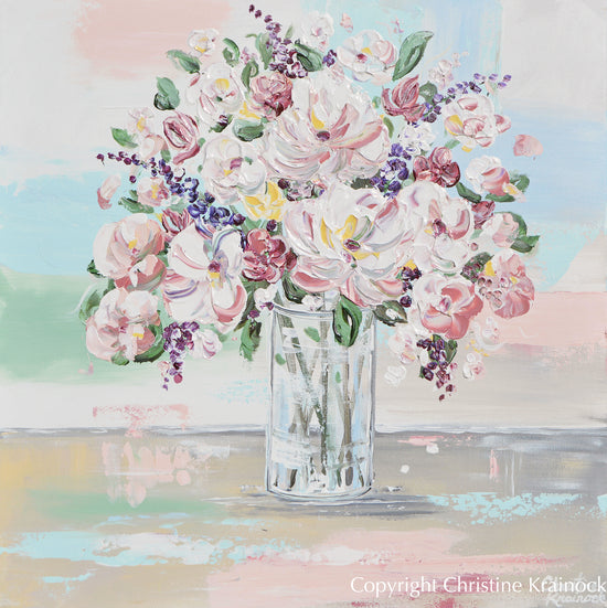 GICLEE PRINT Art Abstract Floral Painting Blue White Pink Flowers Bouquet Canvas Wall Decor