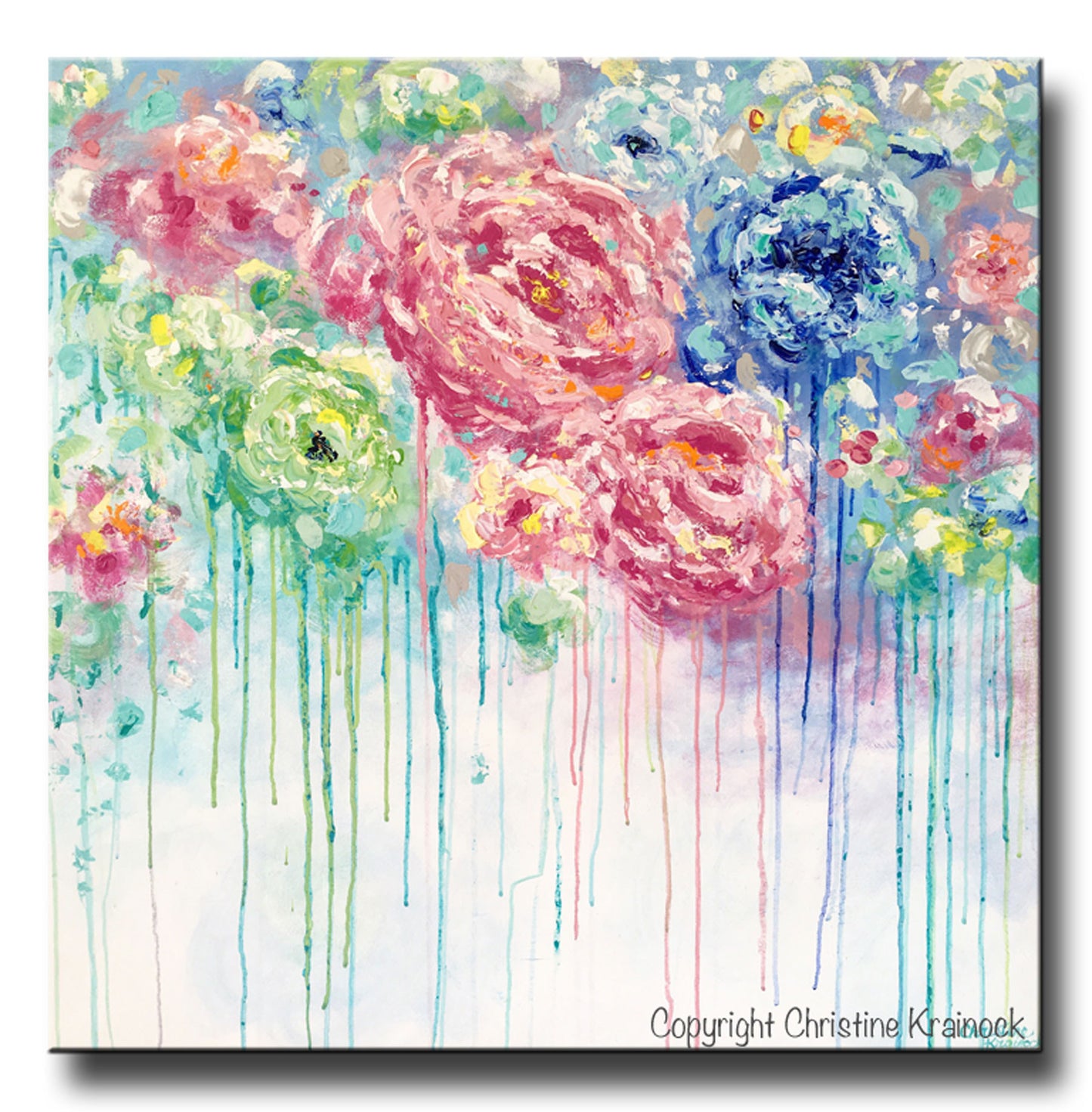 ORIGINAL Art Abstract Painting Flowers Blue White Pink Floral Textured XL Wall Art Colorful Peonies - Christine Krainock Art - Contemporary Art by Christine - 3