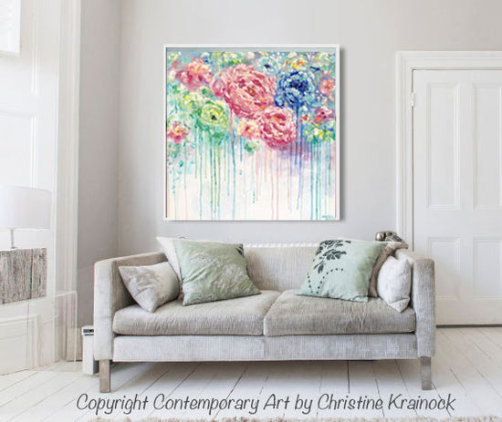 ORIGINAL Art Abstract Painting Flowers Blue White Pink Floral Textured XL Wall Art Colorful Peonies - Christine Krainock Art - Contemporary Art by Christine - 2