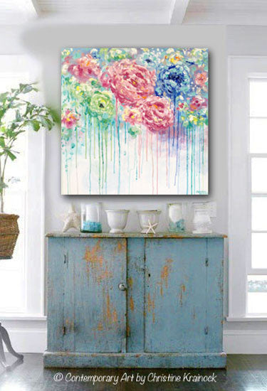 ORIGINAL Art Abstract Painting Flowers Blue White Pink Floral Textured XL Wall Art Colorful Peonies - Christine Krainock Art - Contemporary Art by Christine - 4