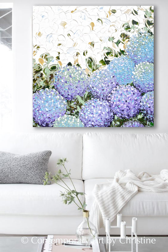Load image into Gallery viewer, &amp;quot;In Full Bloom&amp;quot; GICLEE PRINT Art Abstract Floral Painting Hydrangea Flowers Impressionist Impasto Lavender Light Blue Home Wall Decor
