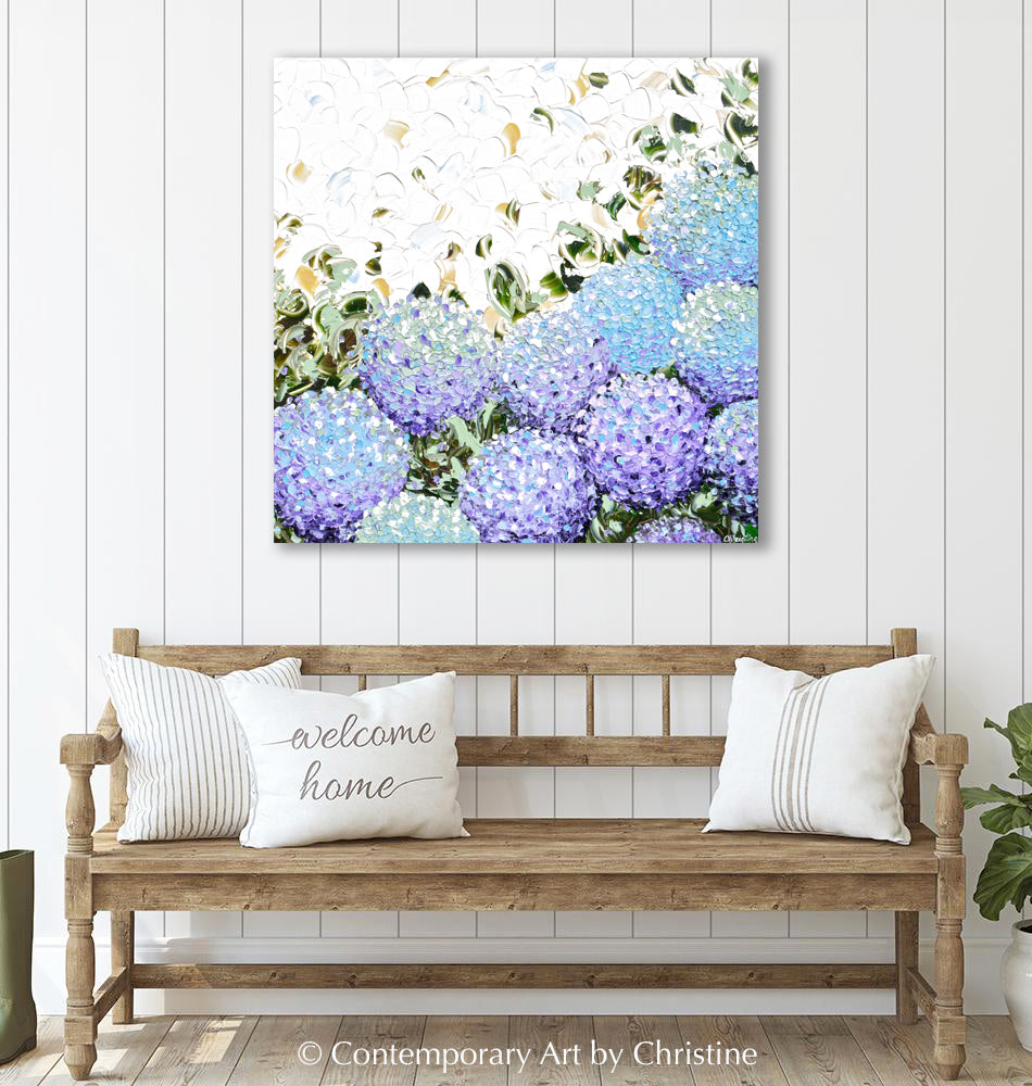 "In Full Bloom" GICLEE PRINT Art Abstract Floral Painting Hydrangea Flowers Impressionist Impasto Lavender Light Blue Home Wall Decor