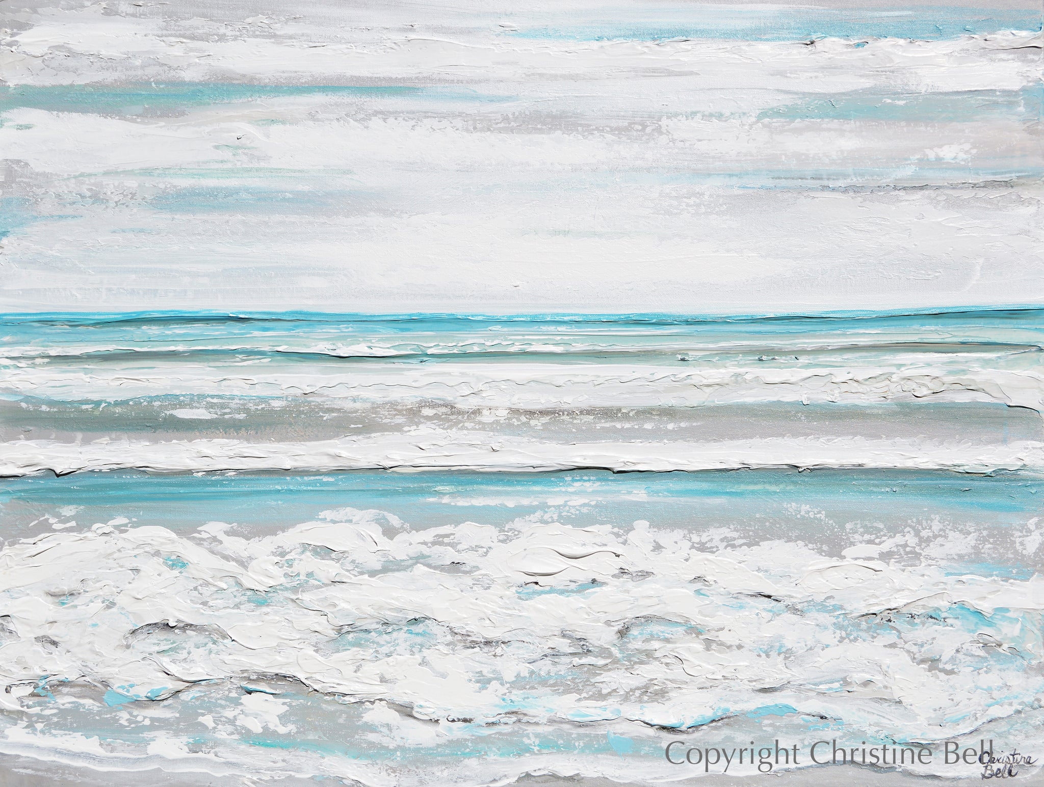 ORIGINAL Art Abstract Beach Painting Textured Coastal Aqua Blue White ...