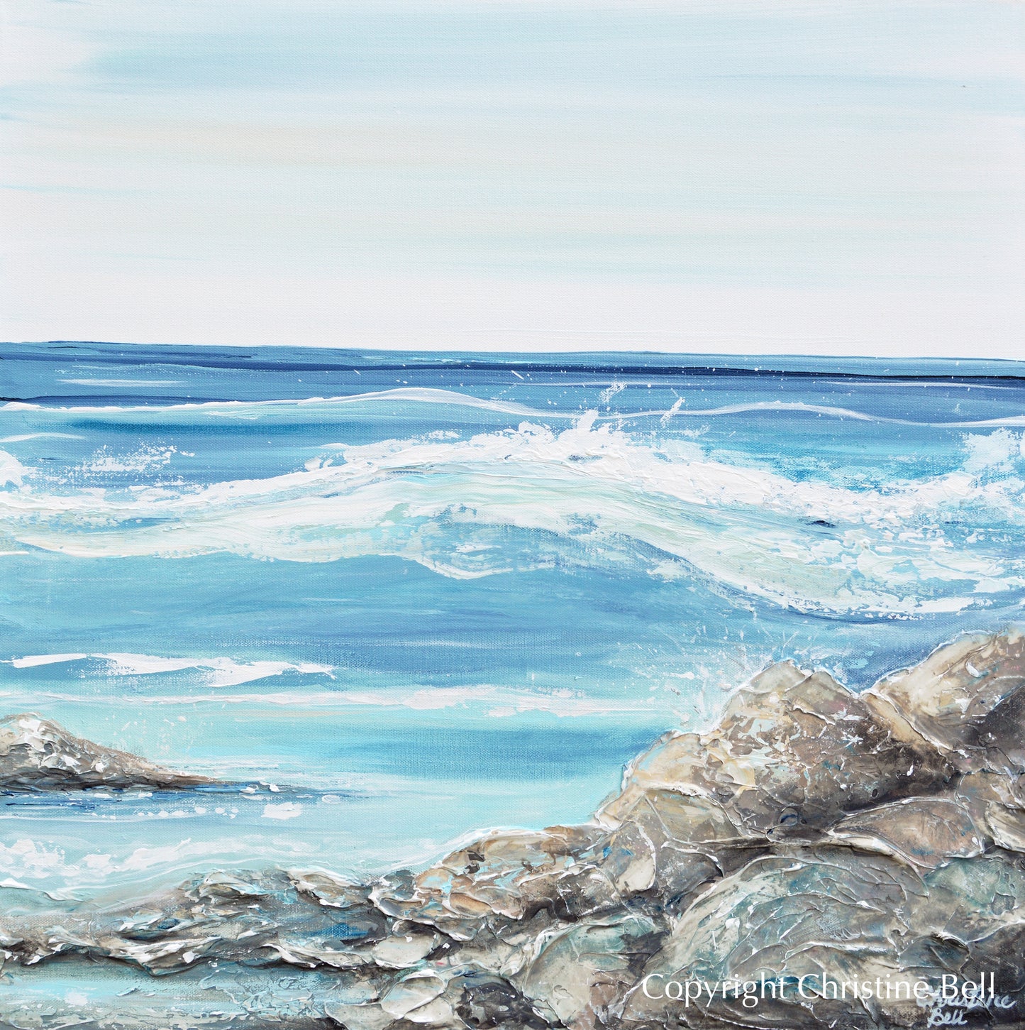 "La Jolla Waves" ORIGINAL Art Coastal Abstract Painting Textured Ocean Coastline Rocks Beach 24x24"