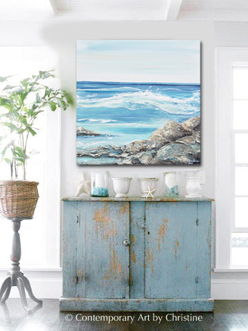 Load image into Gallery viewer, &amp;quot;La Jolla Waves&amp;quot; ORIGINAL Art Coastal Abstract Painting Textured Ocean Coastline Rocks Beach 24x24&amp;quot;
