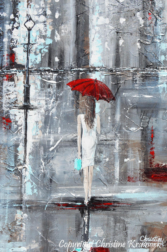 Load image into Gallery viewer, &amp;quot;A Trip to Tiffanys&amp;quot; LIMITED EDITION, MATTED &amp;amp; FRAMED PRINT by Artist Giclee Print Figurative Painting Girl Red Umbrella 16x20&amp;quot;
