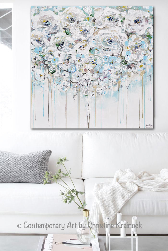 ORIGINAL Art Abstract Painting Modern Floral Light Blue White Creme Flowers Rose Peonies Modern Wall Decor XL 40x40"