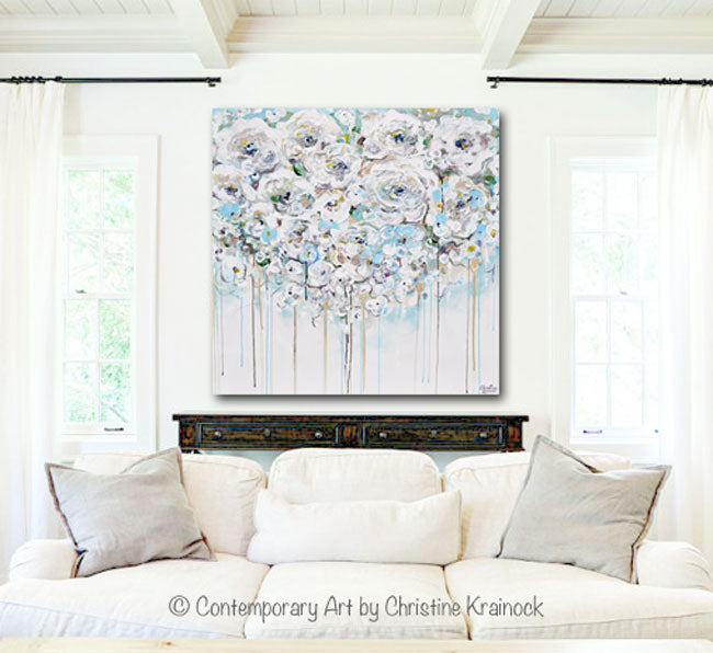 ORIGINAL Art Abstract Painting Modern Floral Light Blue White Creme Flowers Rose Peonies Modern Wall Decor XL 40x40"