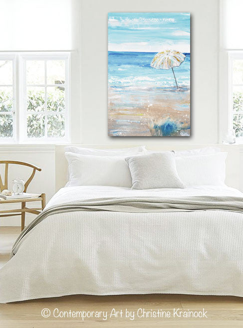 Load image into Gallery viewer, ORIGINAL Art Abstract Painting Beach Umbrella Ocean Blue White Beige Sand Coastal Wall Art Decor 24x36&amp;quot;
