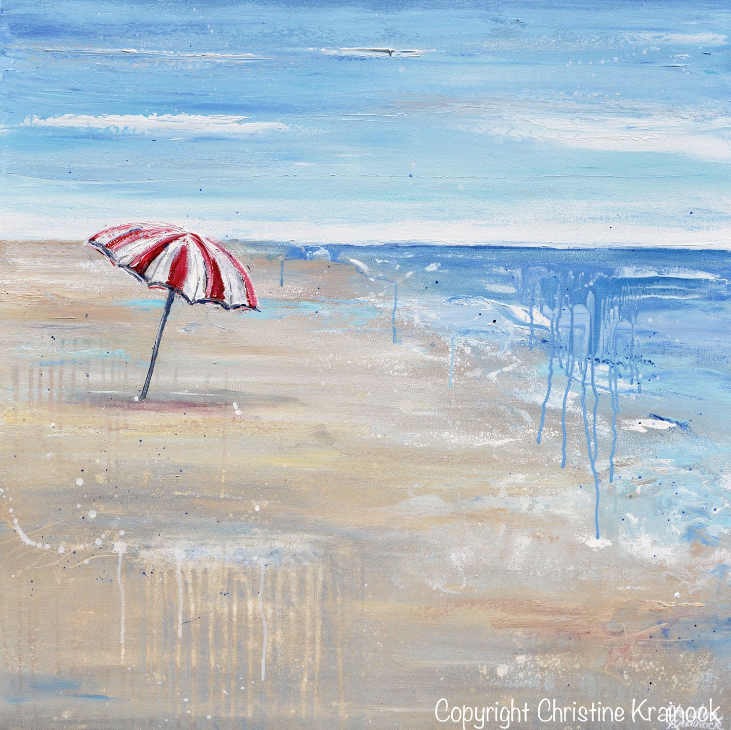 ORIGINAL Art Abstract Painting Seascape Red Beach Umbrella Ocean Blue Coastal Wall Decor 36x36"