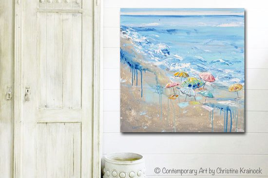 Load image into Gallery viewer, ORIGINAL Art Abstract Painting Beach Umbrellas Colorful Blue White Beige LARGE Ocean Coastal Decor Wall Art 36x36&amp;quot;
