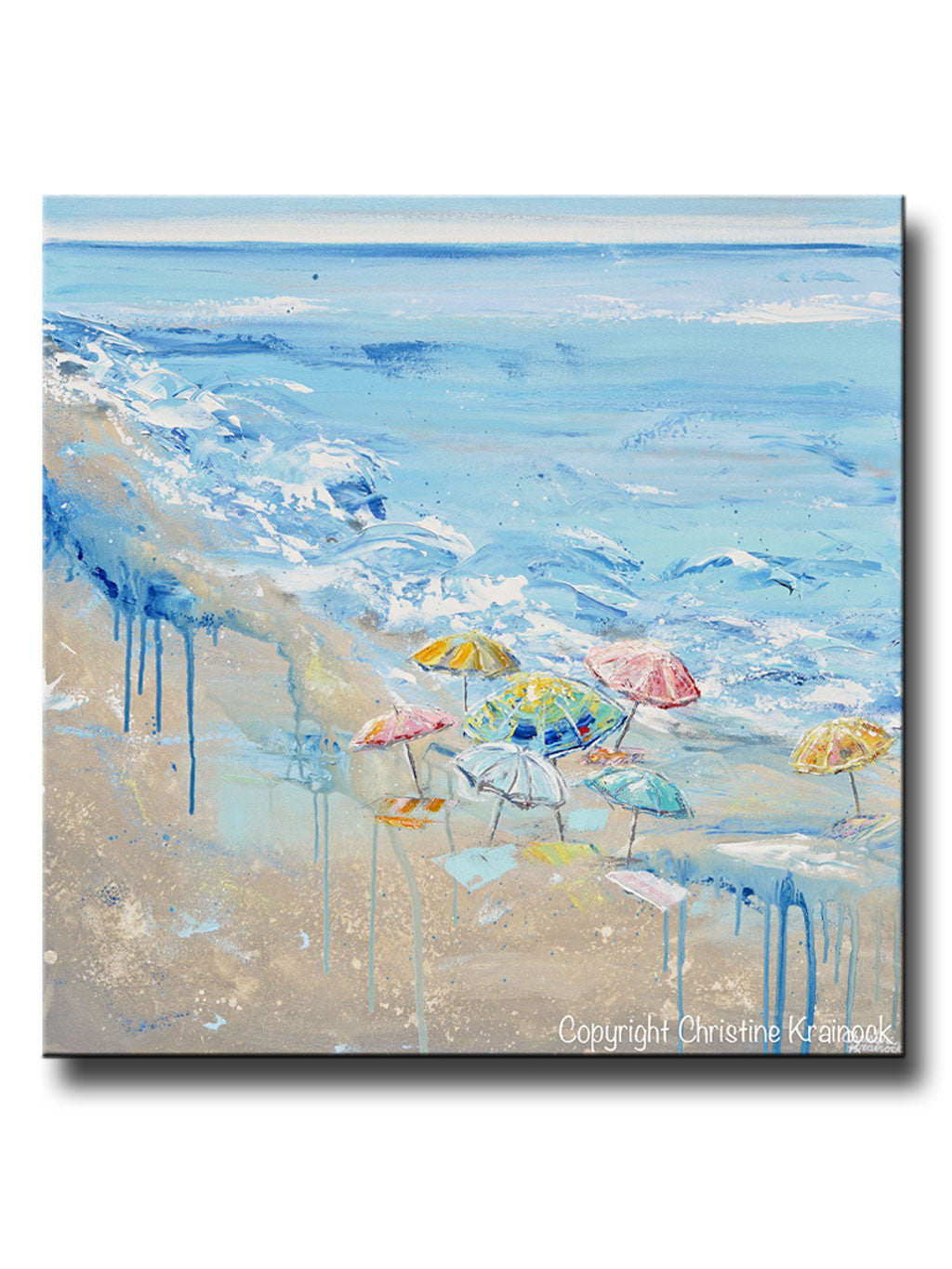 Load image into Gallery viewer, ORIGINAL Art Abstract Painting Beach Umbrellas Colorful Blue White Beige LARGE Ocean Coastal Decor Wall Art 36x36&amp;quot;
