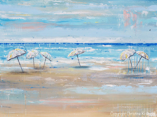 ORIGINAL Art Abstract Painting Beach Umbrellas Blue White Aqua Beige LARGE Canvas Coastal Wall Art Decor 36x48"