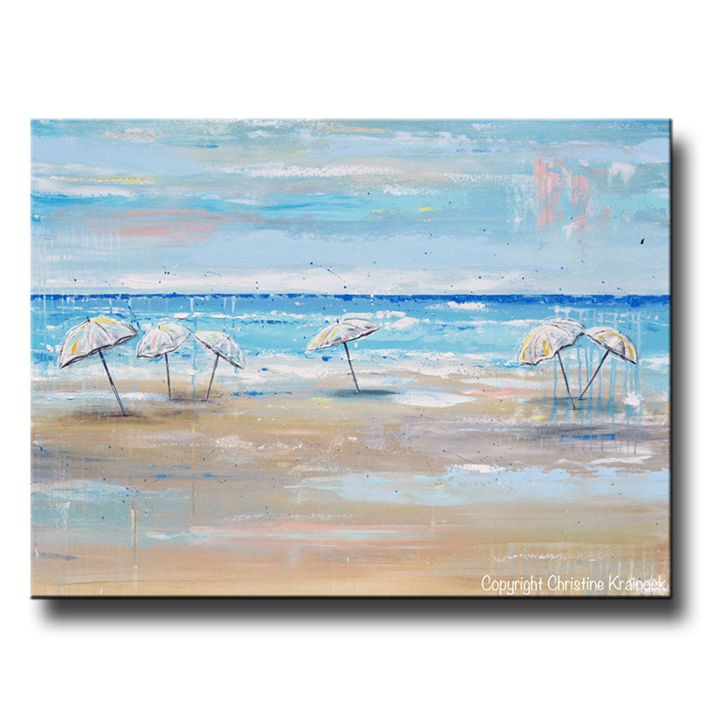 ORIGINAL Art Abstract Painting Beach Umbrellas Blue White Aqua Beige LARGE Canvas Coastal Wall Art Decor 36x48"
